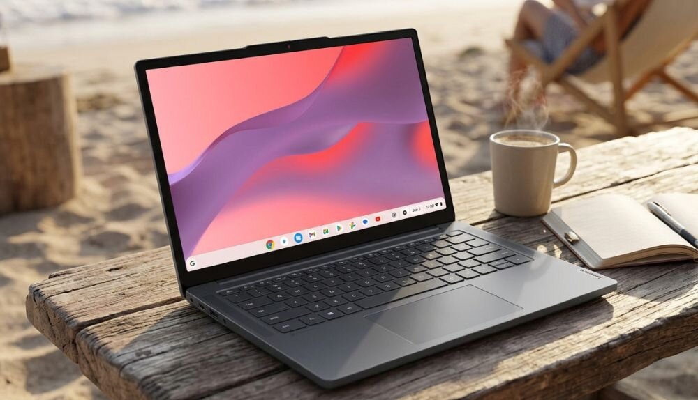 Laptop Lenovo z ekranem Full HD stoi na drewnianym stole przy plaży podczas mobilnej pracy i nauki online.