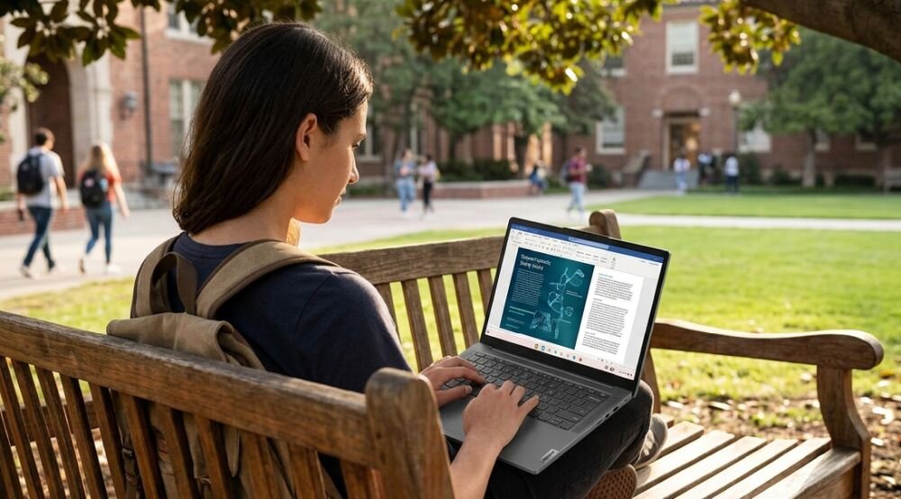Osoba korzysta z laptopa Lenovo podczas nauki na kampusie, przeglądając materiały edukacyjne na ławce na świeżym powietrzu