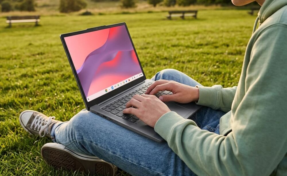 Osoba korzysta z laptopa Lenovo Chromebook na trawie podczas mobilnej nauki i pracy na świeżym powietrzu 