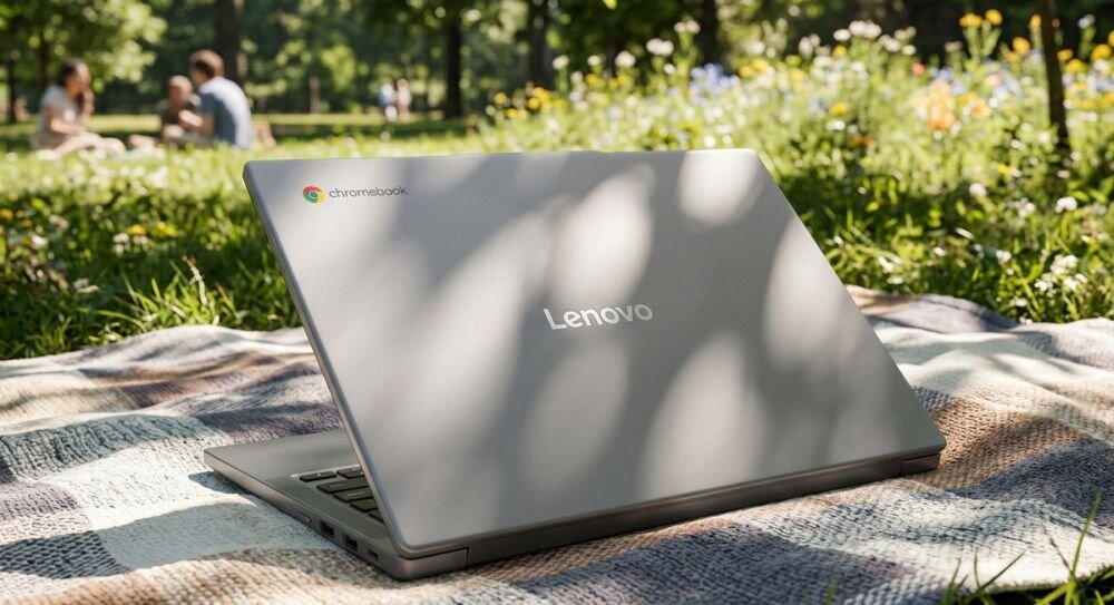 Laptop Lenovo Chromebook z zamkniętą obudową leży na kocu w parku podczas mobilnej pracy i wypoczynku na świeżym powietrzu
