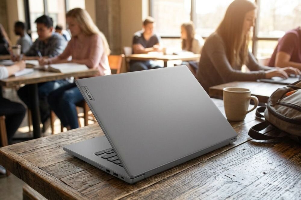 Laptop Lenovo z smukłą obudową stoi na stole w studenckiej przestrzeni do nauki podczas codziennej pracy i zajęć.