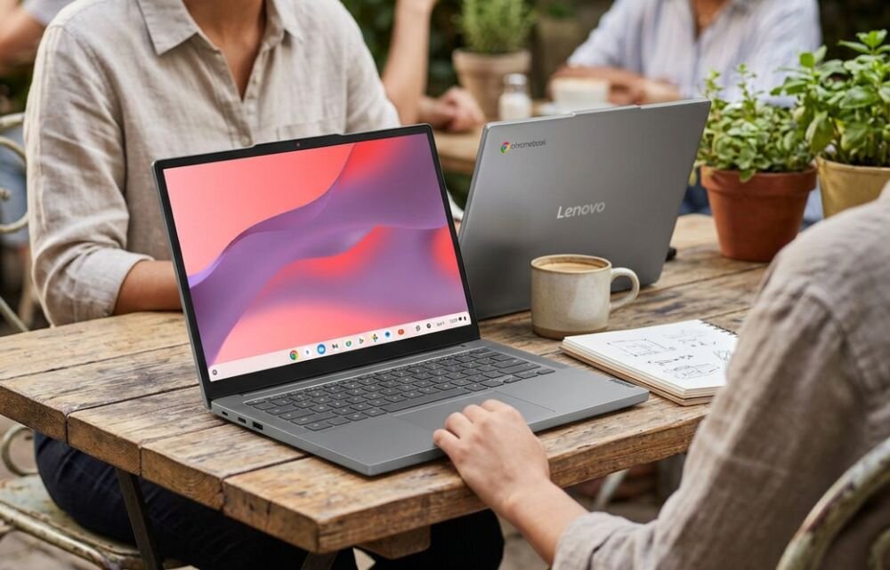 Osoby korzystają z laptopów Lenovo Chromebook podczas spotkania przy stoliku w kawiarni na świeżym powietrzu