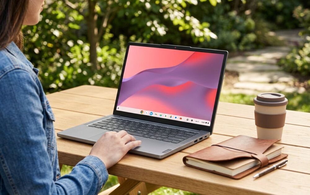 Osoba pracuje na laptopie Lenovo Chromebook przy stoliku w ogrodzie podczas nauki i mobilnej pracy zdalnej