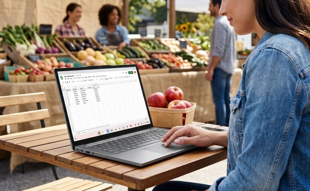 Osoba korzysta z laptopa Lenovo Chromebook z arkuszem kalkulacyjnym podczas pracy mobilnej na targu plenerowym