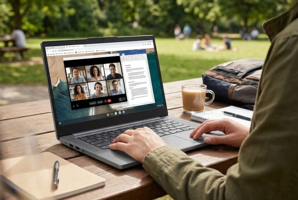 Osoba uczestniczy w wideokonferencji na laptopie Lenovo Chromebook podczas pracy zdalnej przy stoliku w parku