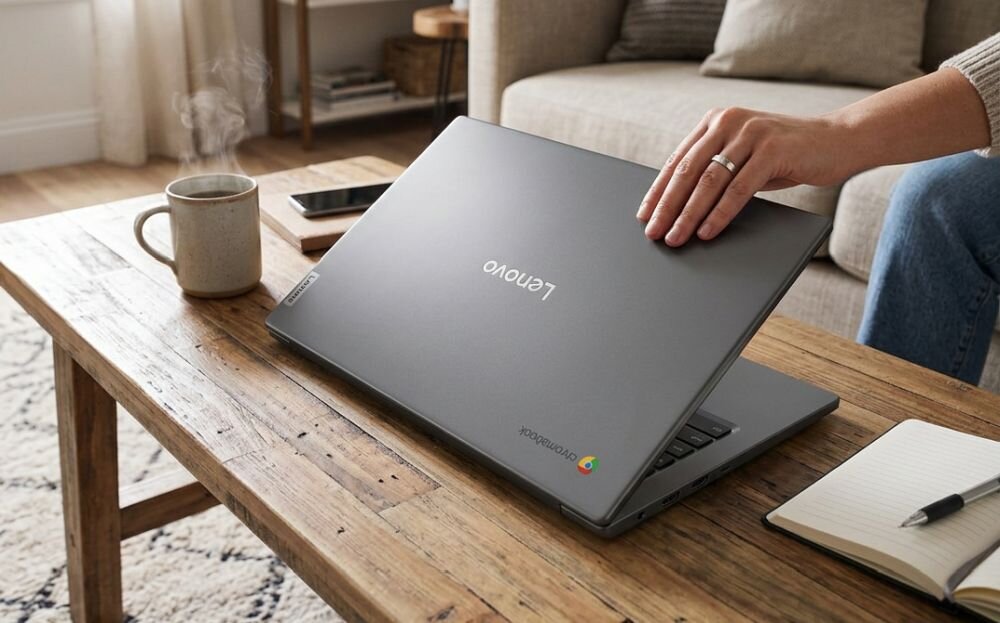 Osoba zamyka laptop Lenovo Chromebook na stoliku w salonie po zakończeniu pracy i nauki w domu
