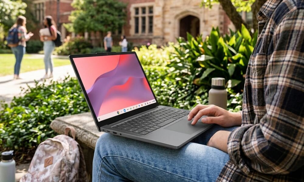 Osoba korzysta z laptopa Lenovo Chromebook na terenie kampusu podczas nauki i pracy mobilnej na świeżym powietrzu