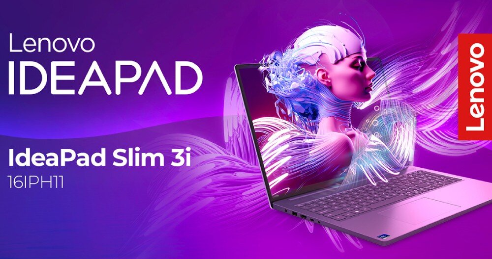 Obraz przedstawia laptop Lenovo IdeaPad Slim 3i z grafiką kobiety z efektami świetlnymi na ekranie. Widoczny jest tekst: \'Lenovo IDEAPAD IdeaPad Slim 3i 16IPH11\' oraz logo Lenovo.