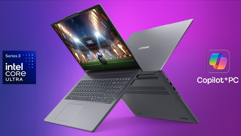 Na obrazie widoczny jest laptop marki Lenovo z otwartym ekranem, na którym wyświetlana jest scena z gry sportowej. Obok laptopa znajdują się logotypy: \'Series 3 intel CORE ULTRA\' oraz \'Copilot+PC\'.