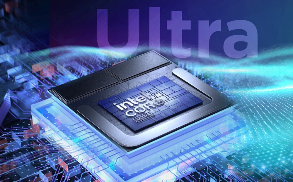 Obraz przedstawia procesor z widocznym napisem \'intel core Ultra\'. W tle widoczny jest duży napis \'Ultra\' oraz elementy przypominające obwody elektroniczne.