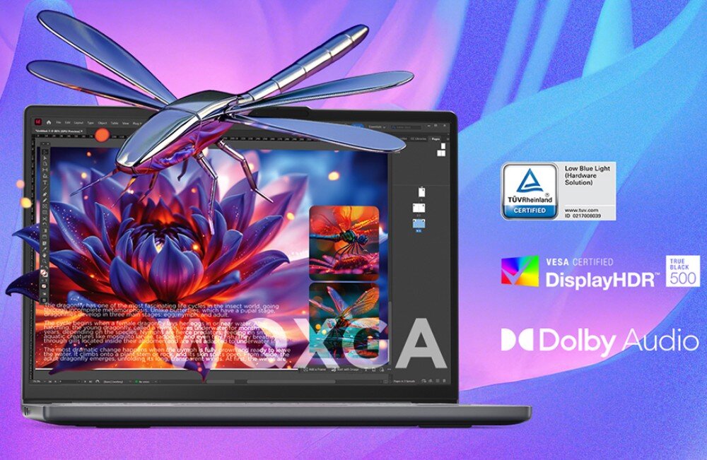 Na obrazie widoczny jest laptop z wyświetlaczem prezentującym kolorową grafikę z motywem ważki i kwiatów. Obok laptopa znajdują się logotypy: TÜV Rheinland Certified, VESA Certified DisplayHDR True Black 500 oraz Dolby Audio.