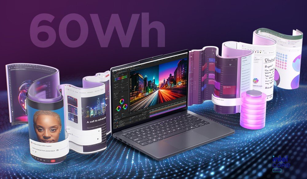 Na obrazie znajduje się laptop z otwartym ekranem, na którym widoczny jest program do edycji grafiki. W tle znajdują się rozwinięte, kolorowe magazyny oraz duży napis \'60Wh\'.