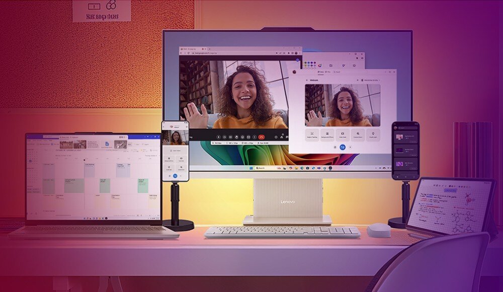 Na biurku znajduje się laptop z otwartym kalendarzem na ekranie, obok duży monitor z wideo rozmową oraz dwa smartfony. Na monitorze widoczne jest logo \'Lenovo\'.