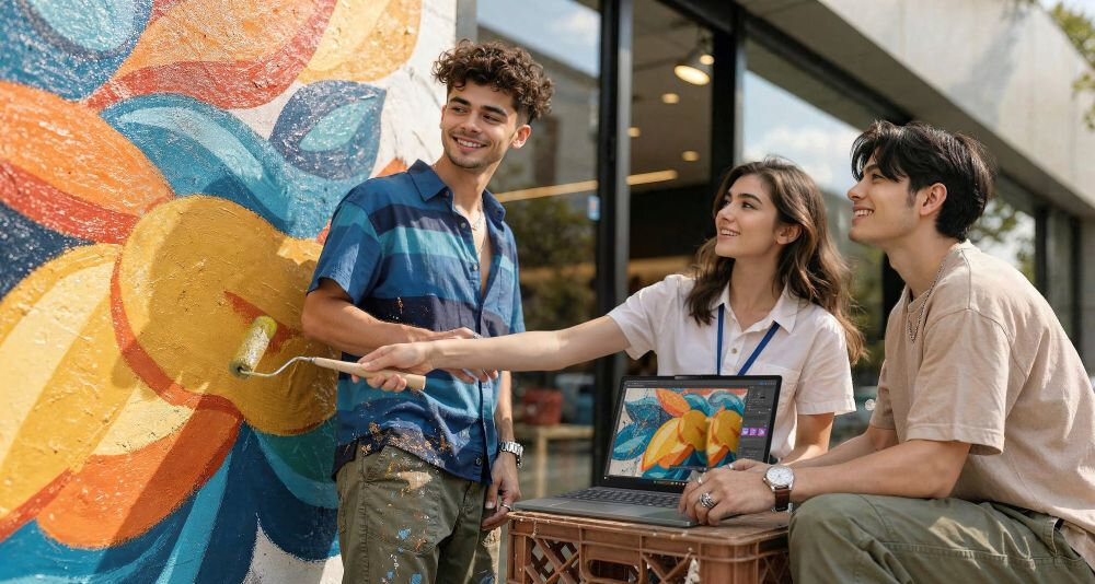Trzy osoby tworzą mural, korzystając z laptopa Lenovo z ekranem OLED podczas pracy kreatywnej na zewnątrz  