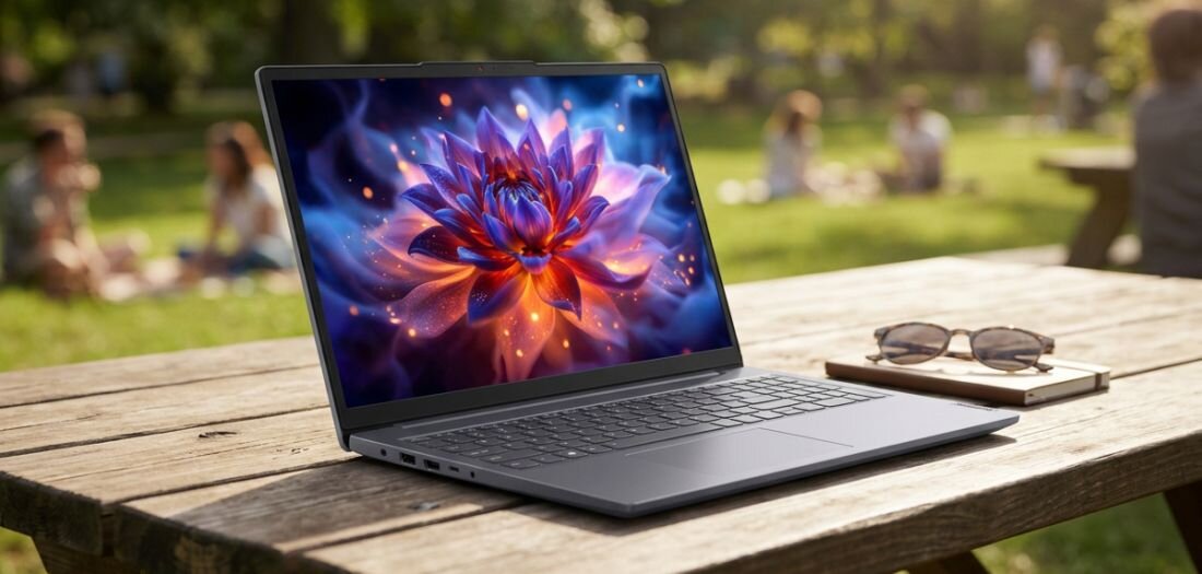 Laptop Lenovo z ekranem Full HD stoi na drewnianym stole w parku podczas mobilnej pracy i oglądania multimediów