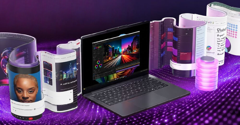 Laptop z funkcjami AI prezentuje wielozadaniową pracę aplikacji i treści cyfrowych podczas pracy biurowej oraz kreatywnej
