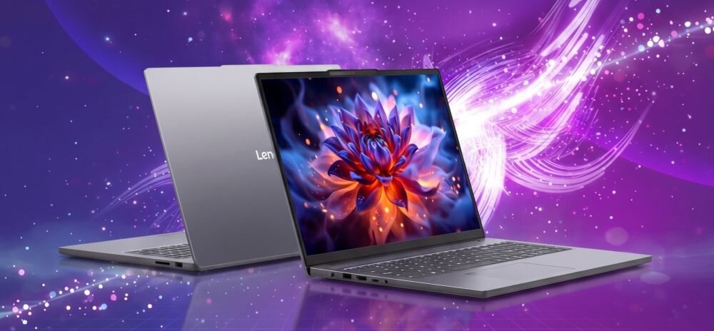 Laptop Lenovo z ekranem OLED prezentuje smukłą obudowę i kolorową grafikę na fioletowym tle podczas pracy kreatywnej  