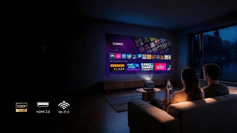 Projektor Dangbei N3 Max wyświetlający dynamiczną scenę gry lub transmisję sportową w rozdzielczości 1080p, projektor na stoliku wyświetlający obraz na ścianie