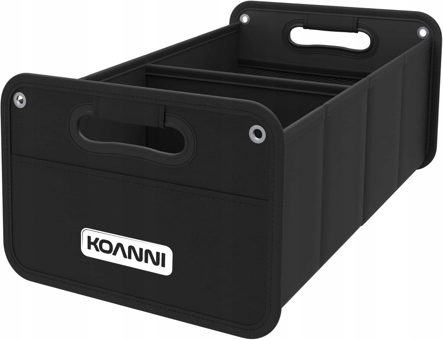 Czarny organizer do bagażnika z usztywnionymi bokami i uchwytami, z widocznym logo KOANNI na przedniej stronie.