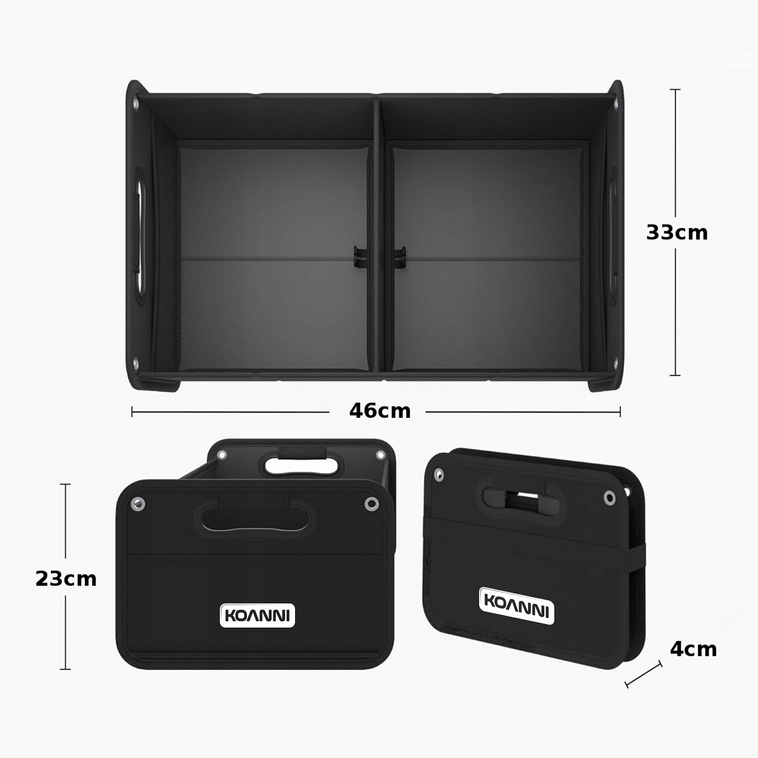 Na obrazie widoczny jest czarny organizer do bagażnika z logo KOANNI, z wymiarami 46 cm na 33 cm. Dodatkowo pokazane są jego boczne widoki z wymiarami 23 cm i 4 cm.