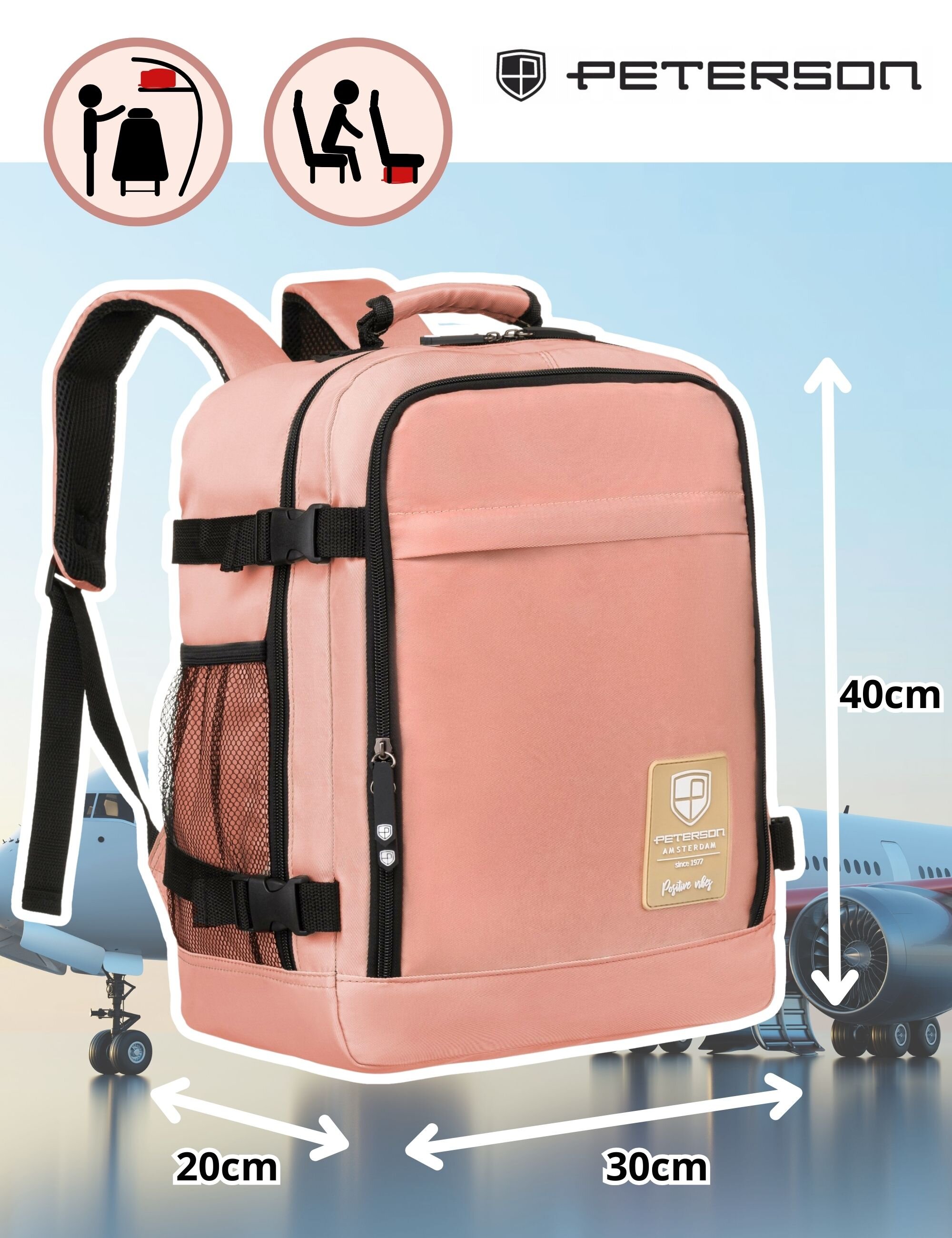 Różowy plecak podróżny z portem USB, o wymiarach 40x30x20 cm, z logo PETERSON. W tle widoczny jest samolot, a na górze ikony przedstawiające użytkowanie plecaka w podróży.