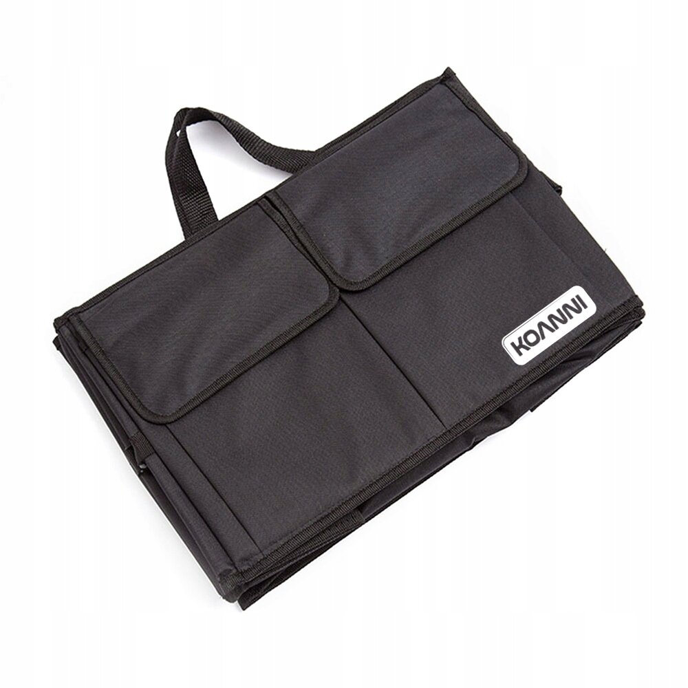 Czarna torba organizer z dwoma klapami i uchwytem, z widocznym logo \'KOANNI\'.