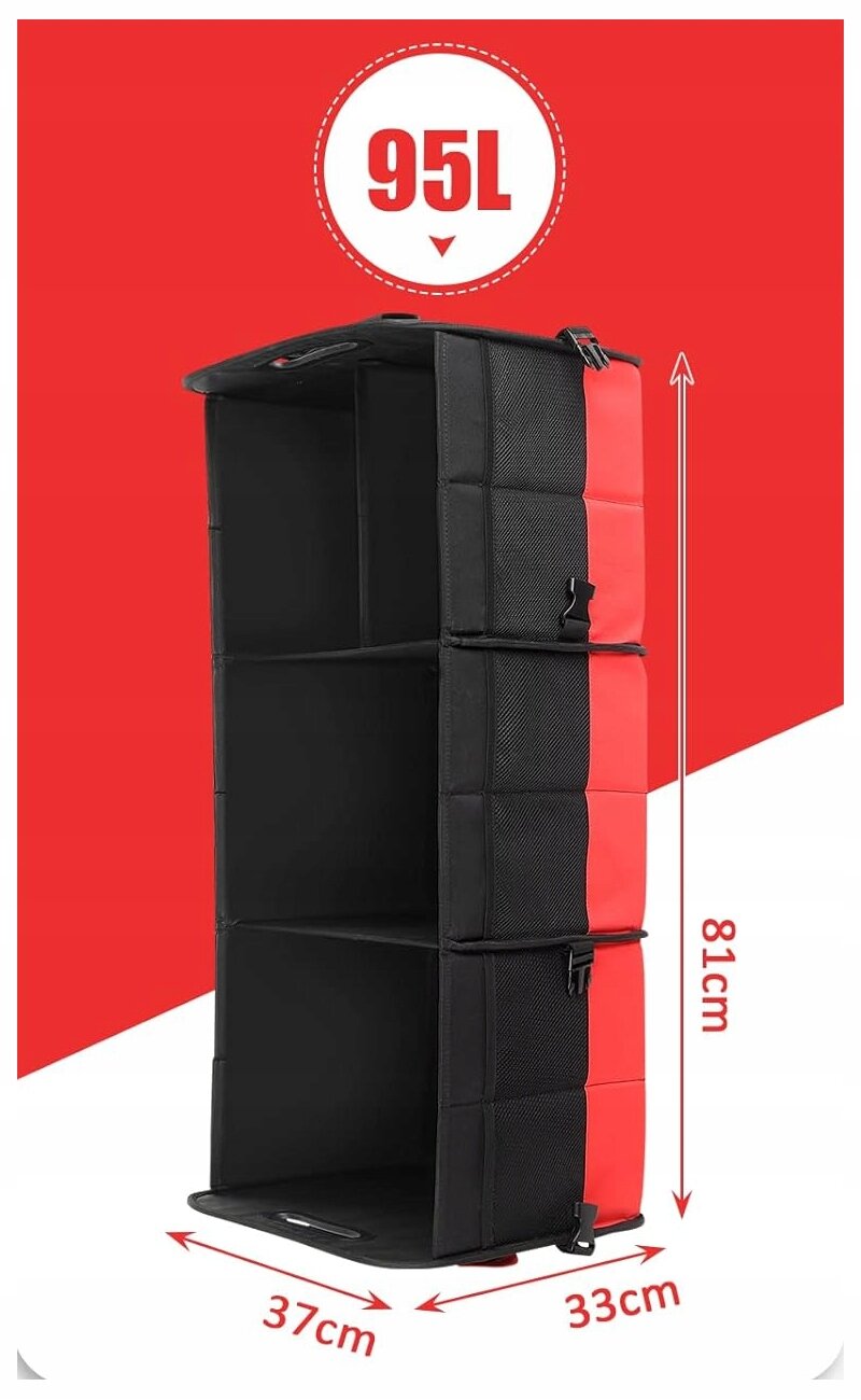 Duży organizer do bagażnika samochodu w kolorze czarno-czerwonym z trzema komorami, o wymiarach 81 cm wysokości, 37 cm szerokości i 33 cm głębokości. Na czerwonym tle widoczny jest napis \'95L\'.