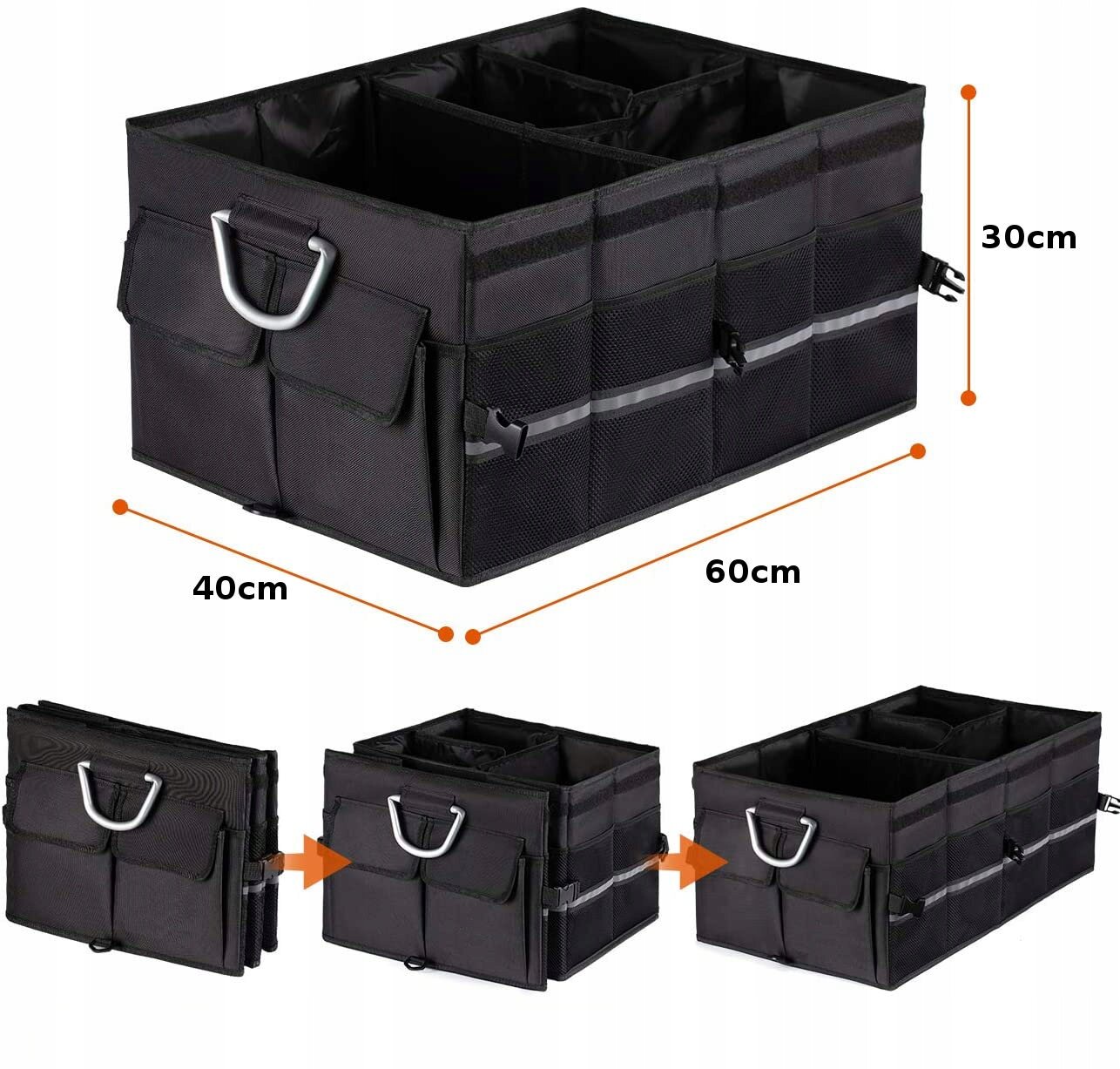 Na obrazie widoczny jest czarny, składany organizer do bagażnika samochodu z metalowym uchwytem, o wymiarach 60 cm na 40 cm na 30 cm. Poniżej pokazano trzy etapy rozkładania organizera.