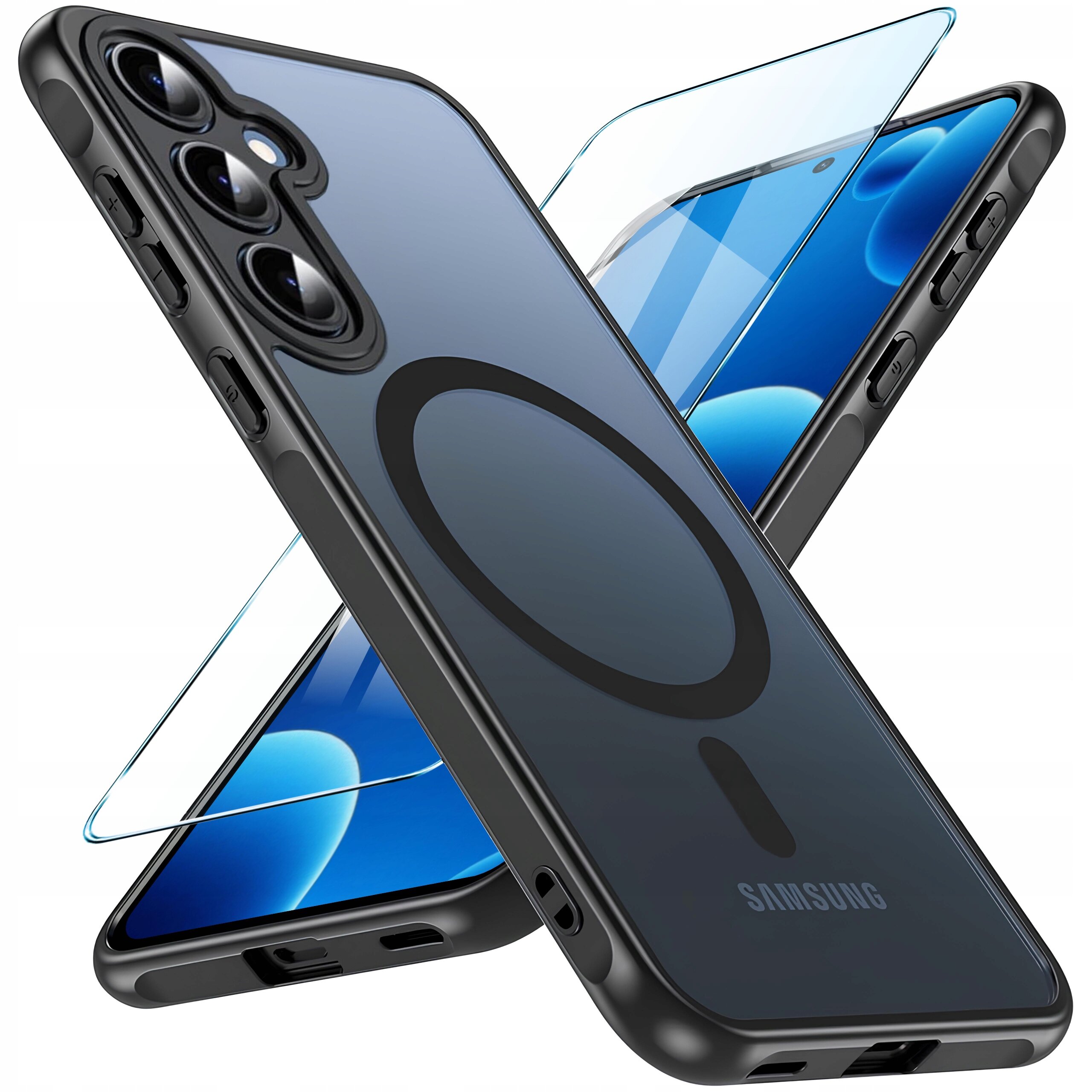 Obraz przedstawia czarne, matowe etui magnetyczne do telefonu Samsung z widocznym okrągłym wzorem na tylnej części. Obok etui znajduje się szkło ochronne na ekran.