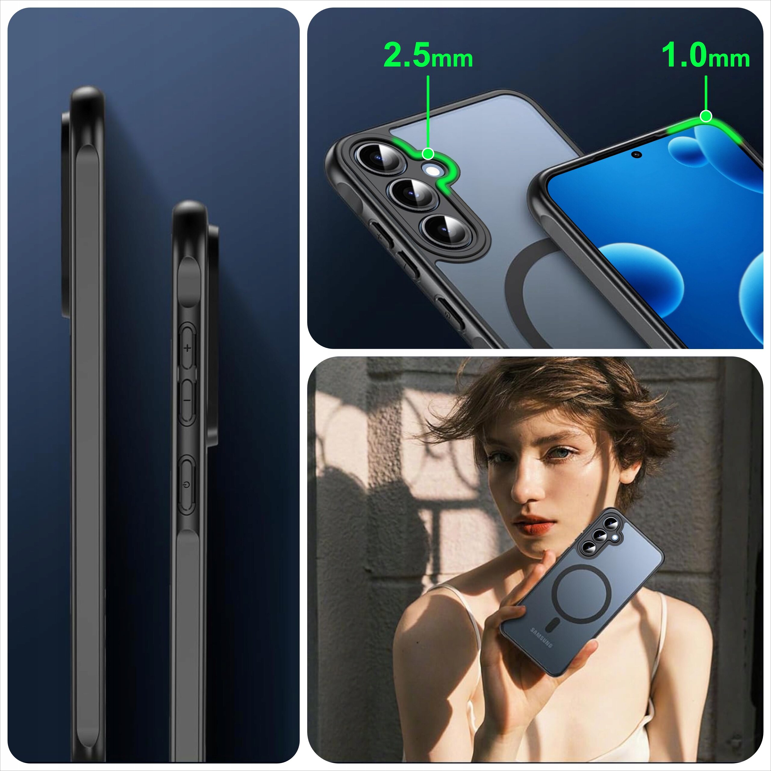 Obraz przedstawia czarne, matowe etui magnetyczne na telefon z trzema otworami na aparaty oraz oznaczeniami 2.5mm i 1.0mm. Na dole widoczna jest osoba trzymająca telefon z tym etui.