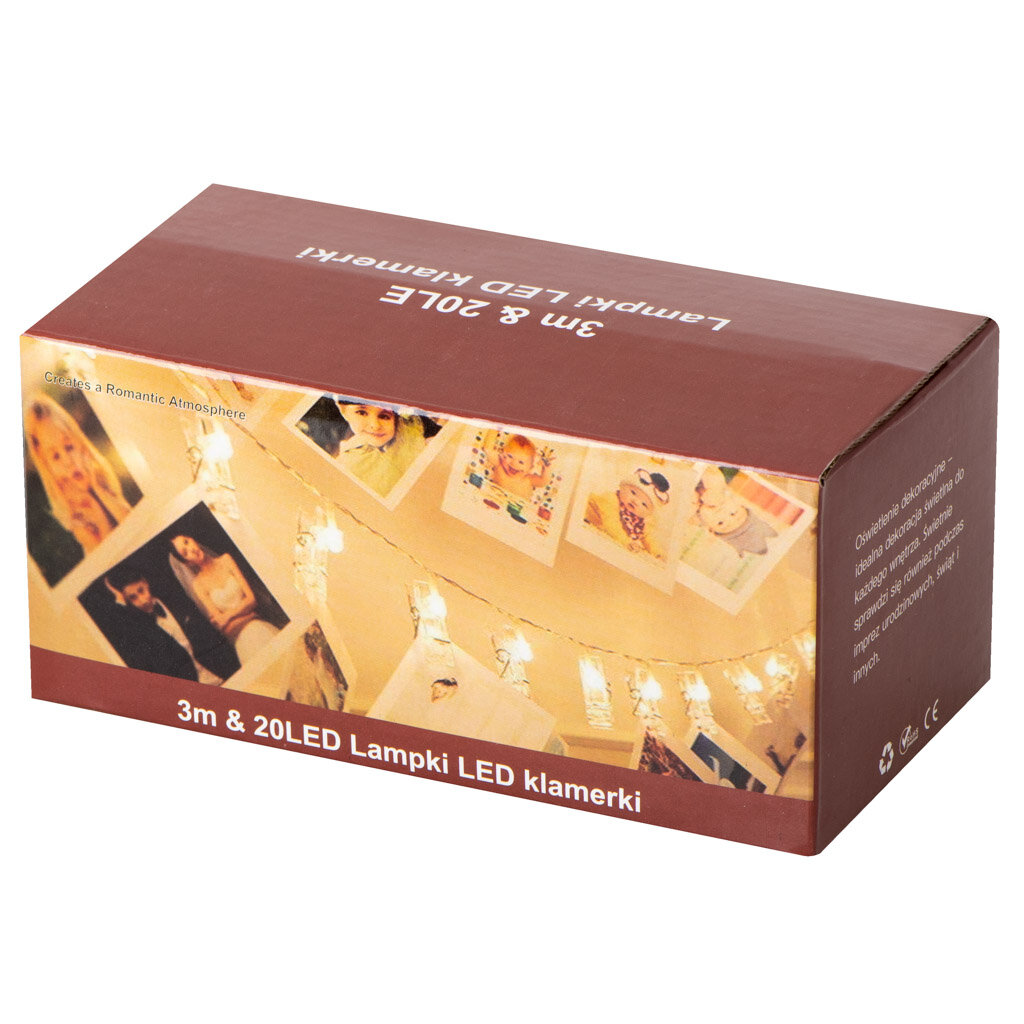 Pudełko z napisem \'3m & 20LED Lampki LED klamerki\' przedstawia zdjęcia lampek z klamerkami, na których wiszą fotografie. Na opakowaniu widoczny jest również napis \'Creates a Romantic Atmosphere\'.