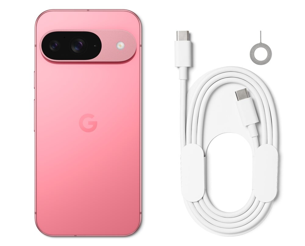 Różowy smartfon z logo \'G\' na obudowie, obok biały kabel USB-C i metalowy kluczyk do tacki SIM.
