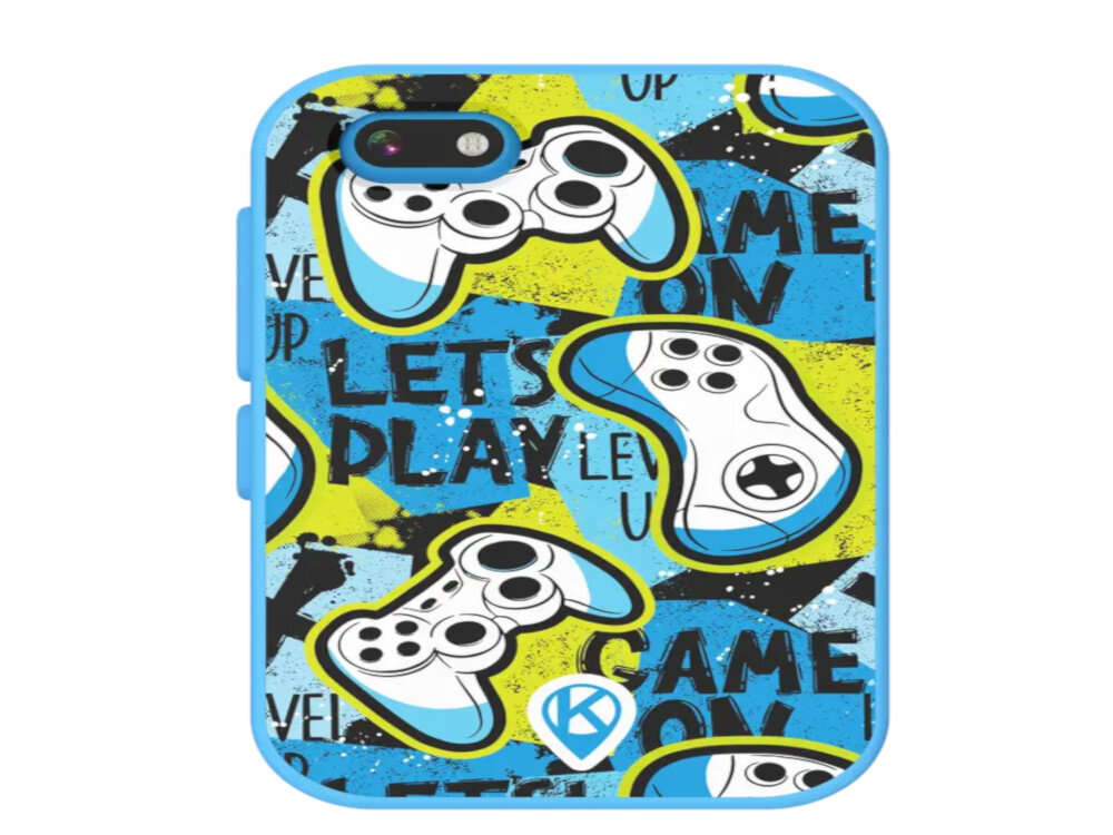 Etui na telefon z kolorowym wzorem przedstawiającym kontrolery do gier oraz napisy \'LET\'S PLAY\', \'LEVEL UP\', \'GAME ON\'.
