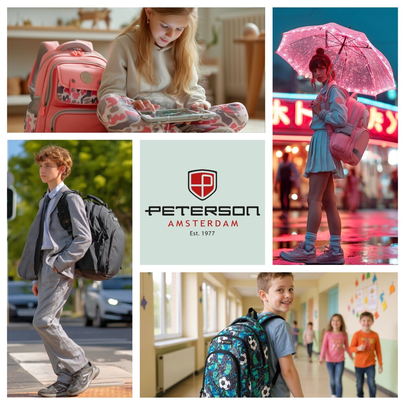 Kolaż zdjęć przedstawiający dzieci z plecakami w różnych sytuacjach, w centrum logo \'Peterson Amsterdam Est. 1977\'.
