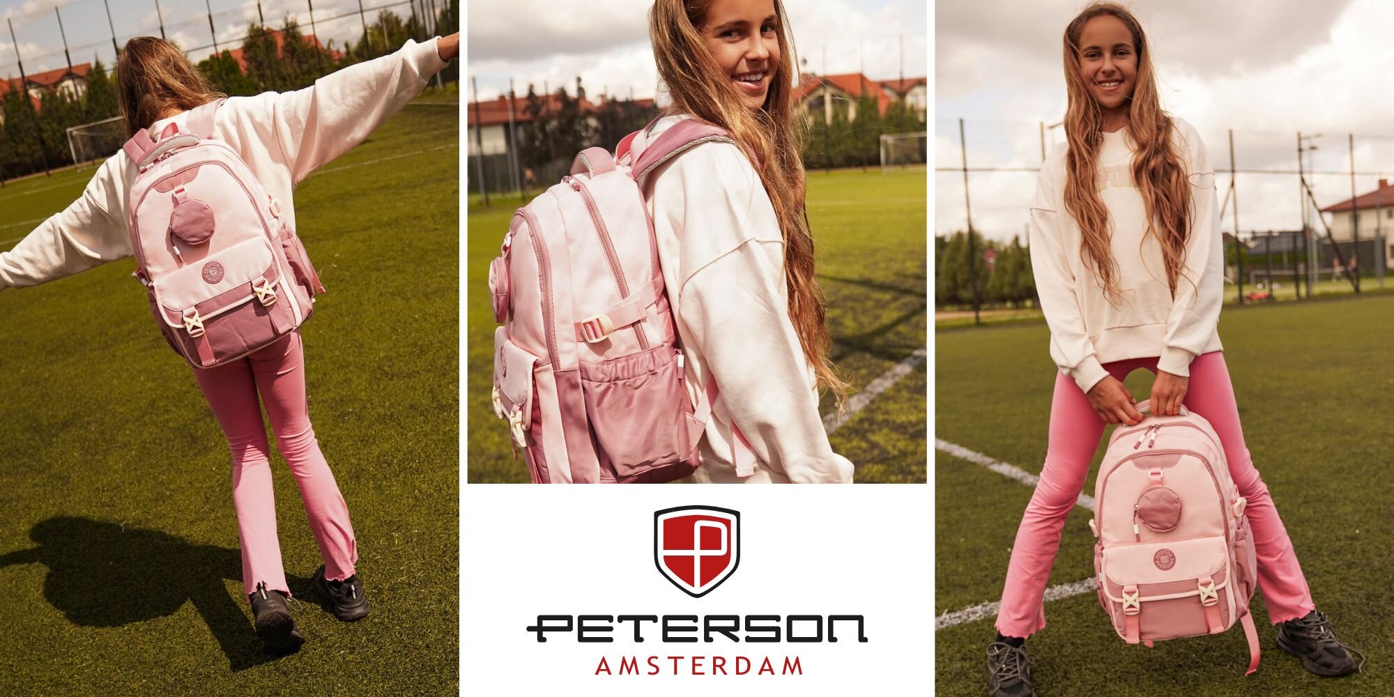 Na zdjęciu widać osobę z różowym plecakiem na boisku sportowym. Na środku znajduje się logo \'Peterson Amsterdam\'.