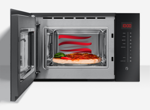 Otwarta kuchenka mikrofalowa z pizzą w środku, na drzwiach widoczny panel sterowania z wyświetlaczem pokazującym \'10:00\'.
