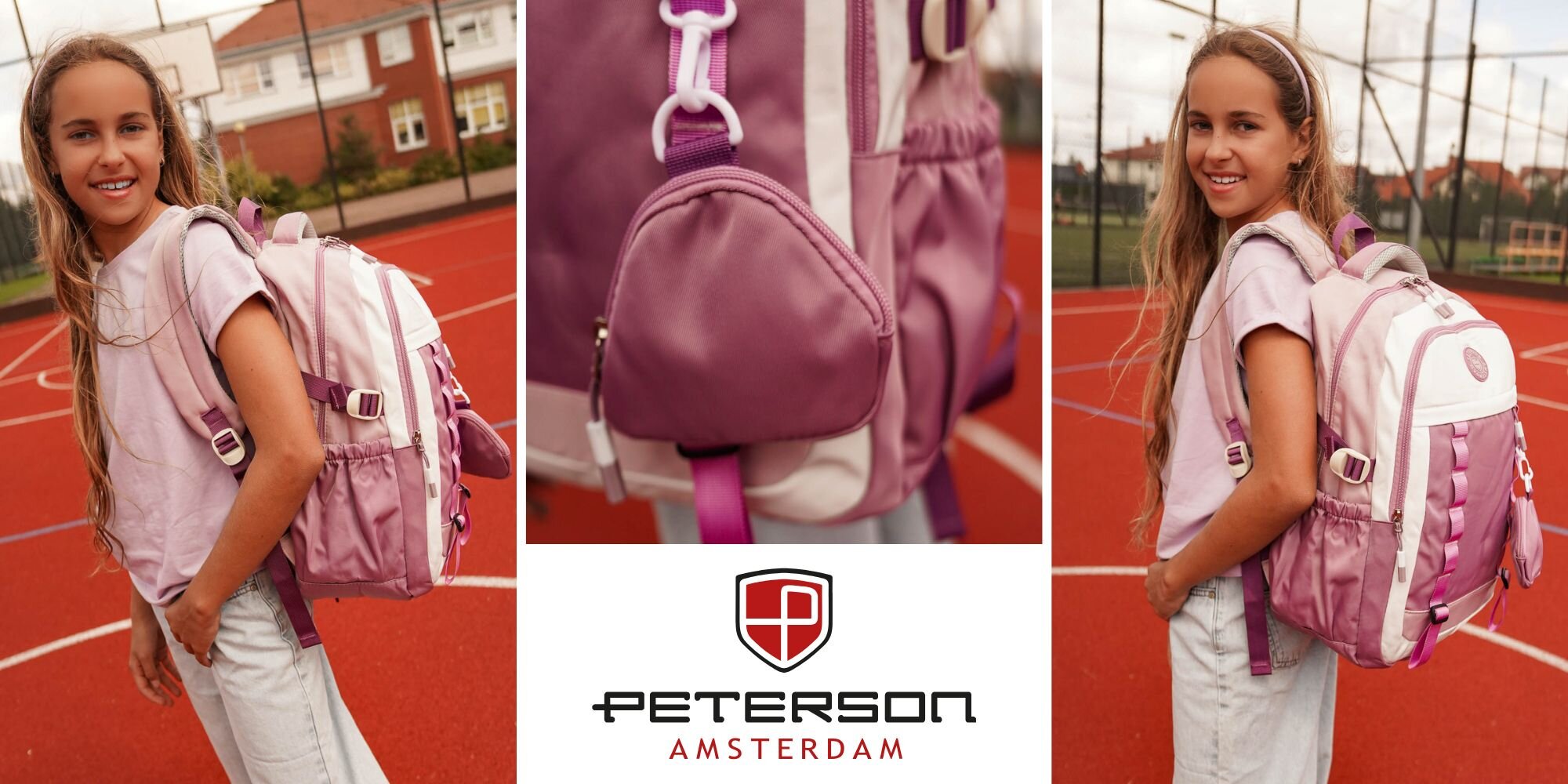 Na obrazie widoczny jest fioletowo-biały plecak szkolny z saszetką, noszony przez osobę na boisku sportowym. Na środku znajduje się logo \'Peterson Amsterdam\'.