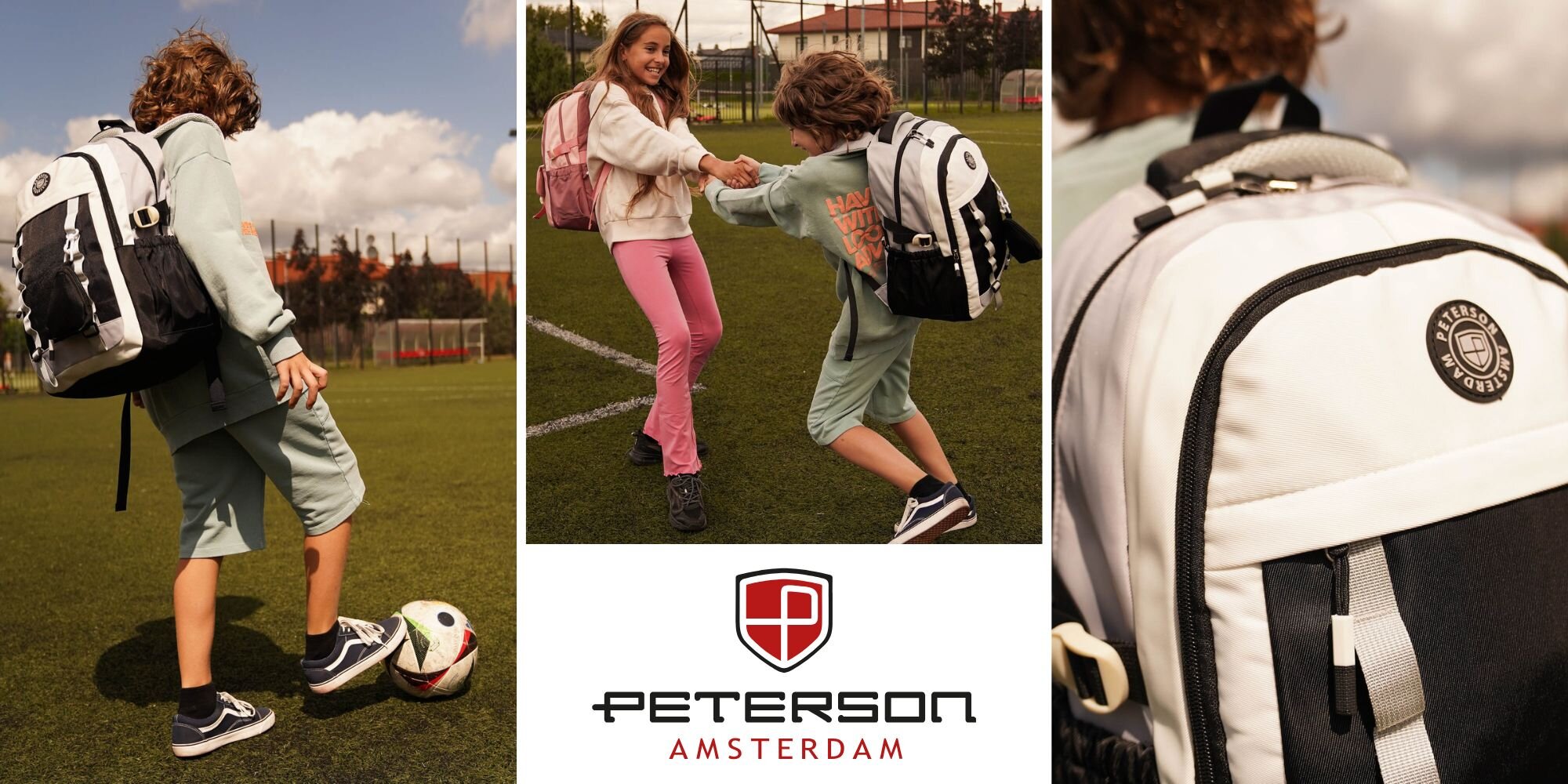 Dwoje dzieci bawi się na boisku, jedno z nich ma na plecach biało-czarny plecak z logo \'Peterson Amsterdam\'. Obok zbliżenie na plecak z widocznym logo oraz napis \'Peterson Amsterdam\'.