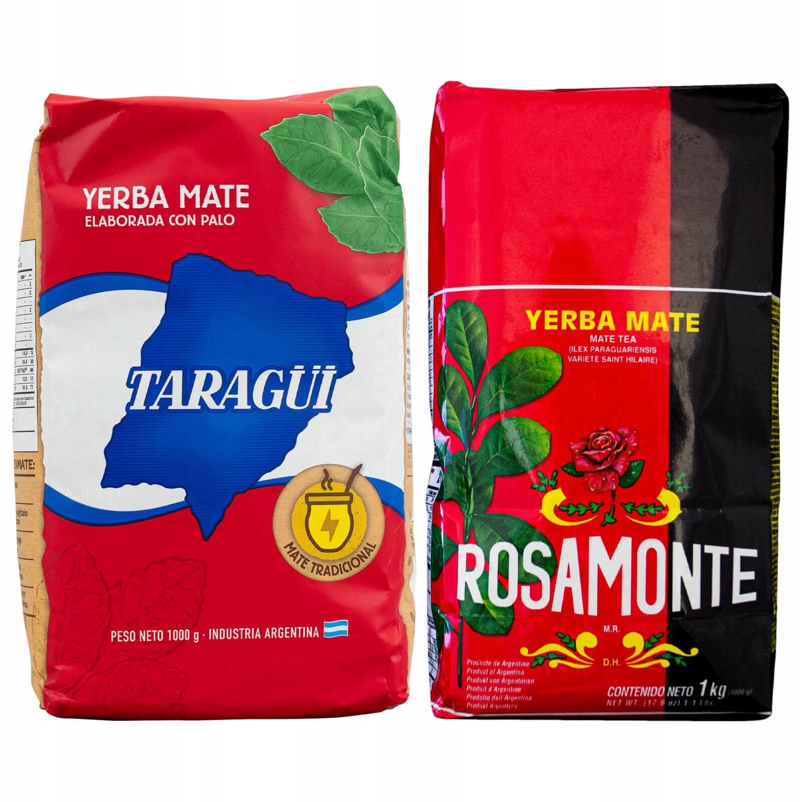 Na obrazie znajdują się dwa opakowania yerba mate. Pierwsze opakowanie ma napis \'TARAGÜI\', a drugie \'ROSAMONTE\'.