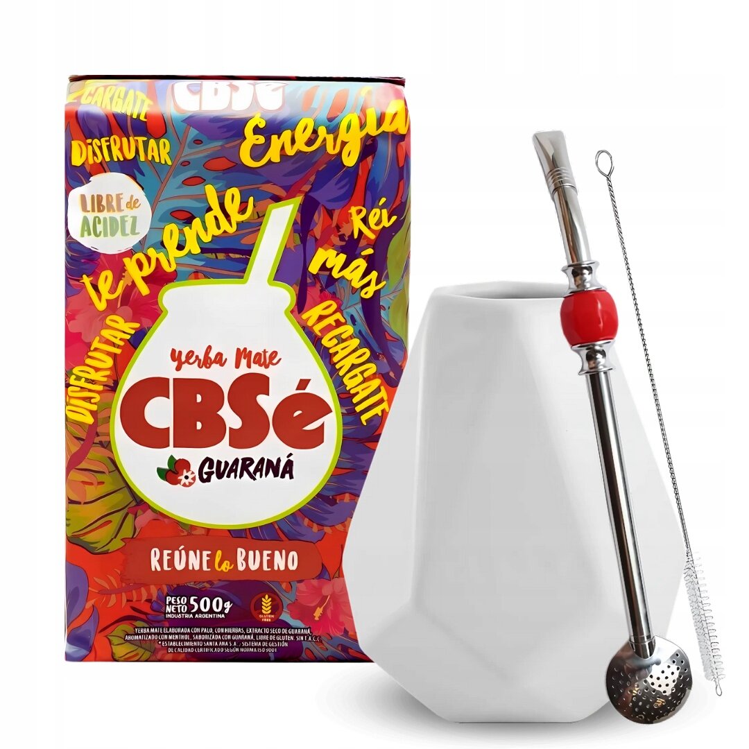 Opakowanie yerba mate CBSe Guaraná z kolorowym wzorem i napisami: \'Disfrutar\', \'Energía\', \'Libre de Acidez\', \'Te prende\', \'Reí más\', \'Recargate\', \'Reúne lo bueno\'. Obok znajduje się biała tykwa z metalową bombillą i szczoteczką do czyszczenia.
