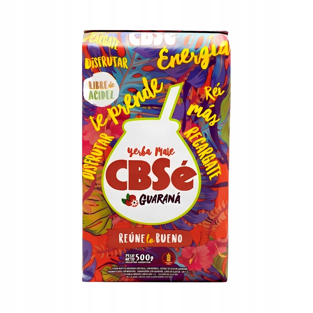 Opakowanie Yerba Mate CBSe Guaraná z kolorowym tłem i napisami: \'Energía\', \'Disfrutar\', \'Recargate\', \'Reúne lo Bueno\'. Widoczny jest również napis \'Libre de Acidez\' oraz informacja o wadze 500 g.