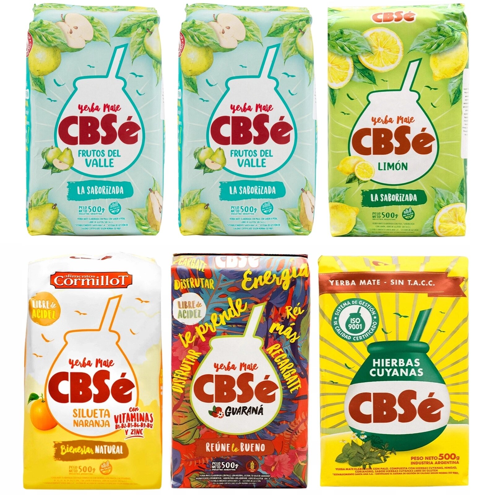Na obrazie widoczne są sześć opakowań yerba mate CBSe o różnych smakach, w tym Frutos del Valle, Limón, Silueta Naranja, Guaraná i Hierbas Cuyanas. Każde opakowanie ma pojemność 500g i różni się kolorystyką oraz grafiką owoców lub ziół.