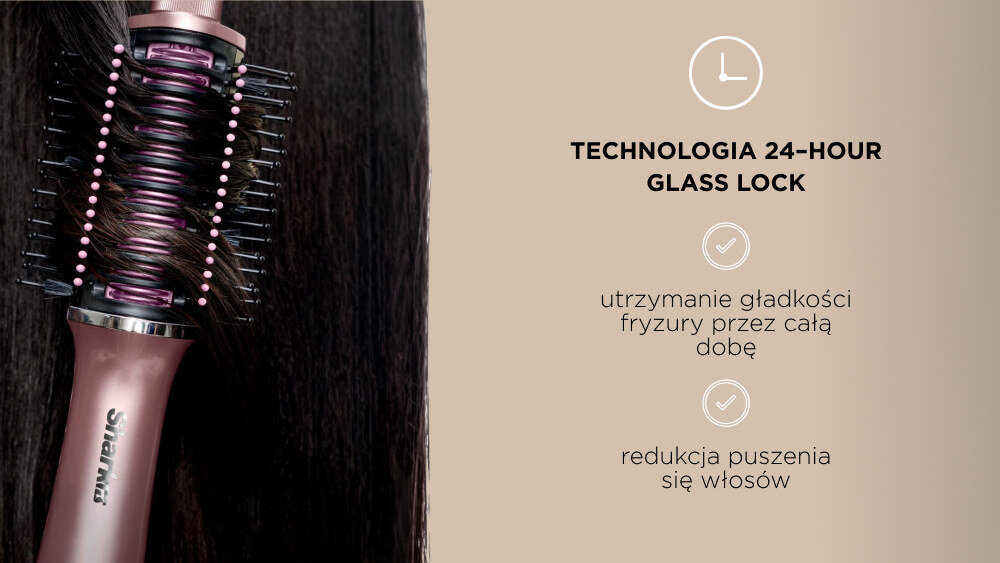 Szczotka prostująca SHARK Glossi 2w1 HT302EUPK Różowy zdjęcie lifestyle Gładkość przez całą dobę Technologia 24-Hour Gloss Lock lśniące wykończenie