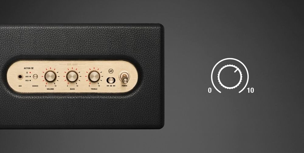 Głośnik mobilny MARSHALL Acton IV pokrętła Spotify Tap Auracast, urządzenie od góry na ciemnym tle