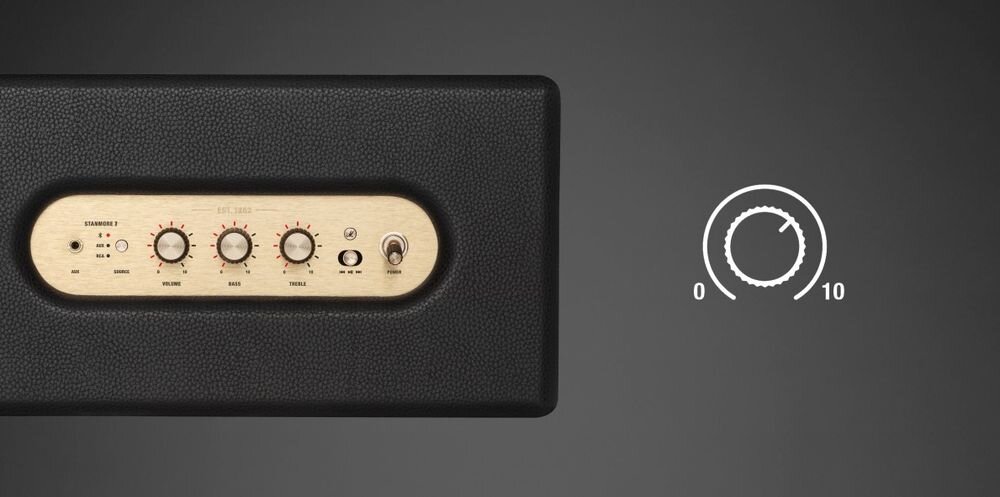 Głośnik mobilny MARSHALL Stanmore IV pokrętła Spotify Tap Auracast, urządzenie od góry na ciemnym tle