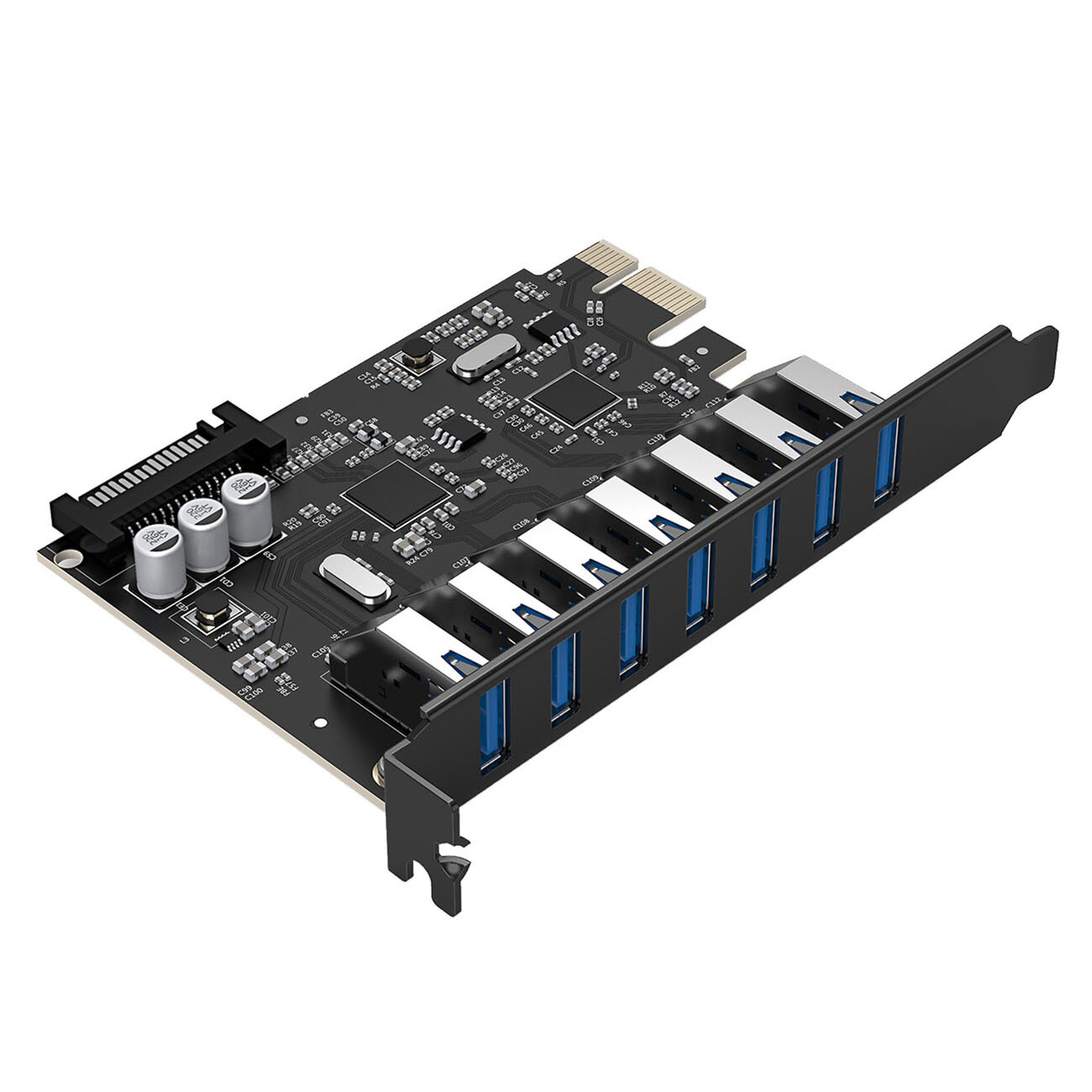 Czarna karta rozszerzeń PCI-E z siedmioma portami USB 3.0 i złączem SATA. Widoczne są elementy elektroniczne i kondensatory na płytce.