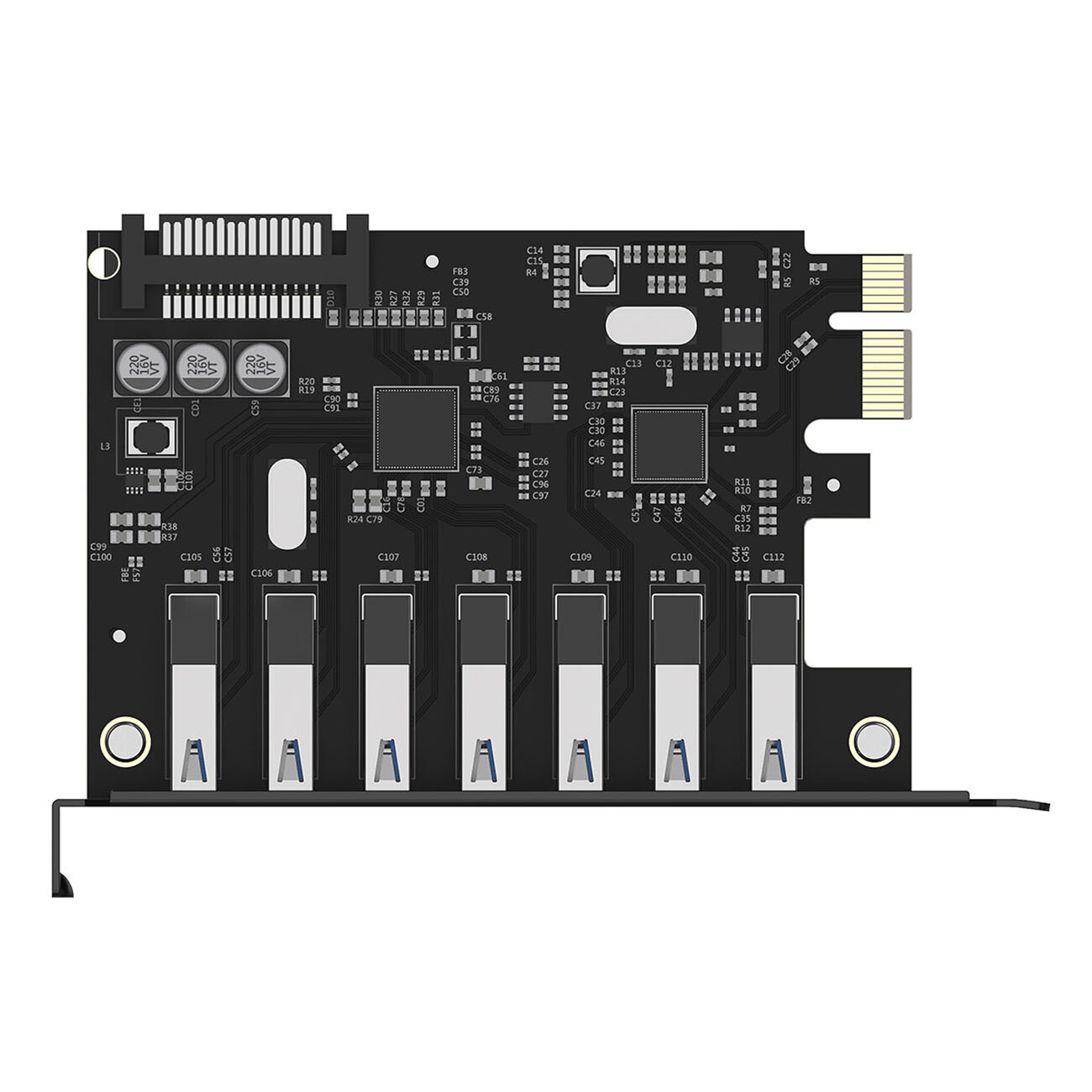 Czarna karta rozszerzeń z siedmioma portami USB 3.0 i złączem PCI-E, widoczna z góry. Na powierzchni znajdują się różne elementy elektroniczne i złącza.