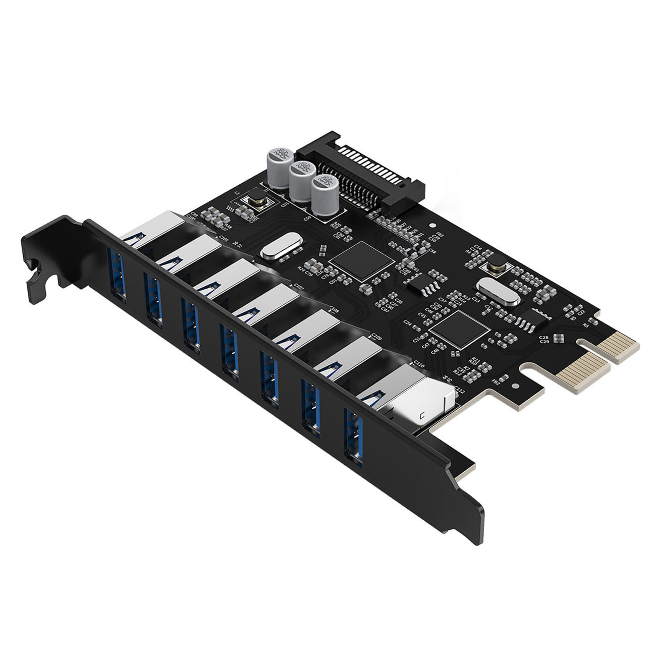 Czarna karta rozszerzeń PCI-E z siedmioma portami USB 3.0 i elementami elektronicznymi na powierzchni.