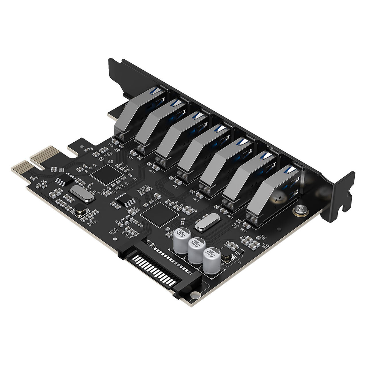 Czarna karta rozszerzeń PCI-E z siedmioma portami USB 3.0 i widocznymi elementami elektronicznymi na powierzchni. Karta posiada metalowe złącze montażowe na jednym końcu.