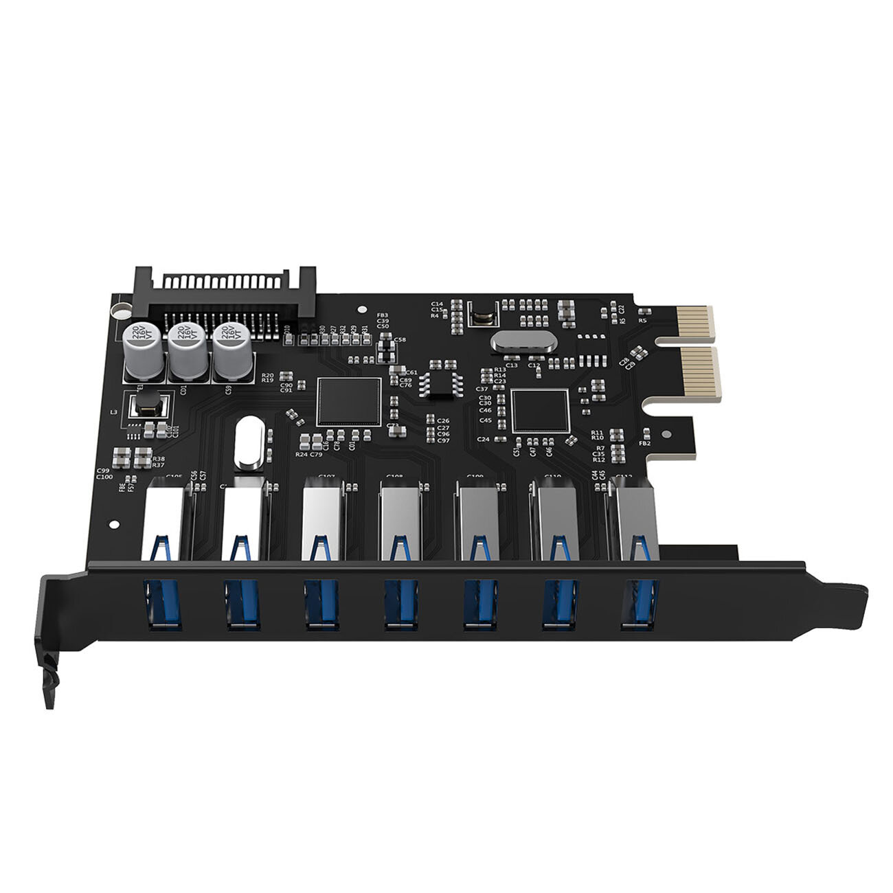 Czarna karta rozszerzeń PCI-E z siedmioma portami USB 3.0 i elementami elektronicznymi na płytce drukowanej.